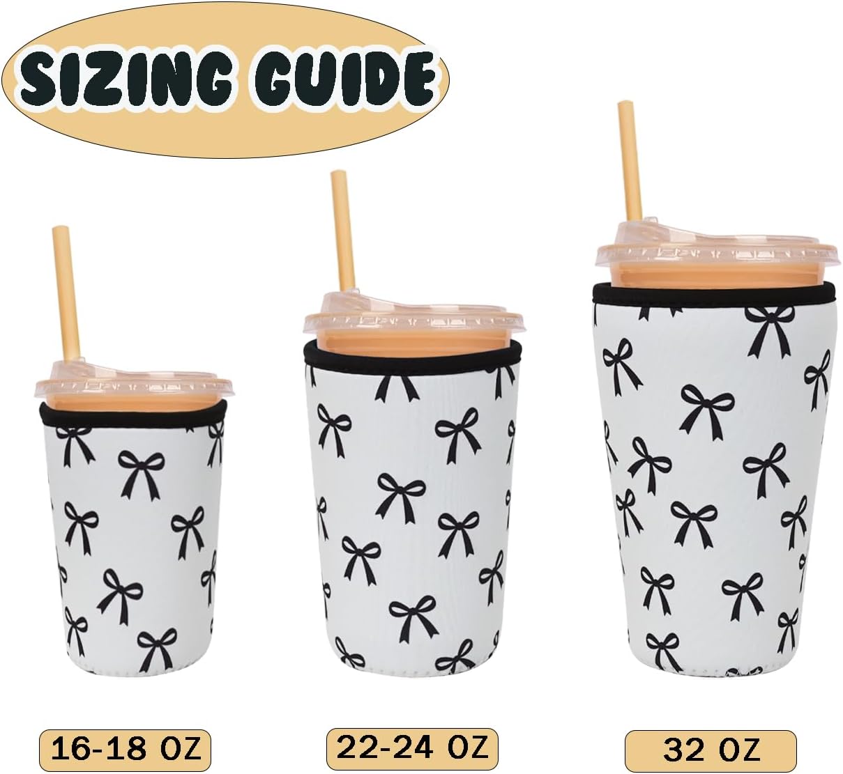 Reusable Insulated Neoprene Iced Coffee Cup Sleeve, Durable Drink Sleeve for Cold Beverages, Beverage Holder for Iced Coffee, Black Bow