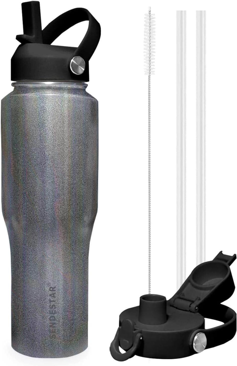 SENDESTAR 40oz Stainless Steel Water Bottle(Cold for 48 Hrs, Hot for 24 Hrs),Double Wall Vacuum Insulated Bottle with Straw Lid, Spout Lid and Flex Cap, Fit in Any Car Cup Holder TXIN-40-Laser Grey