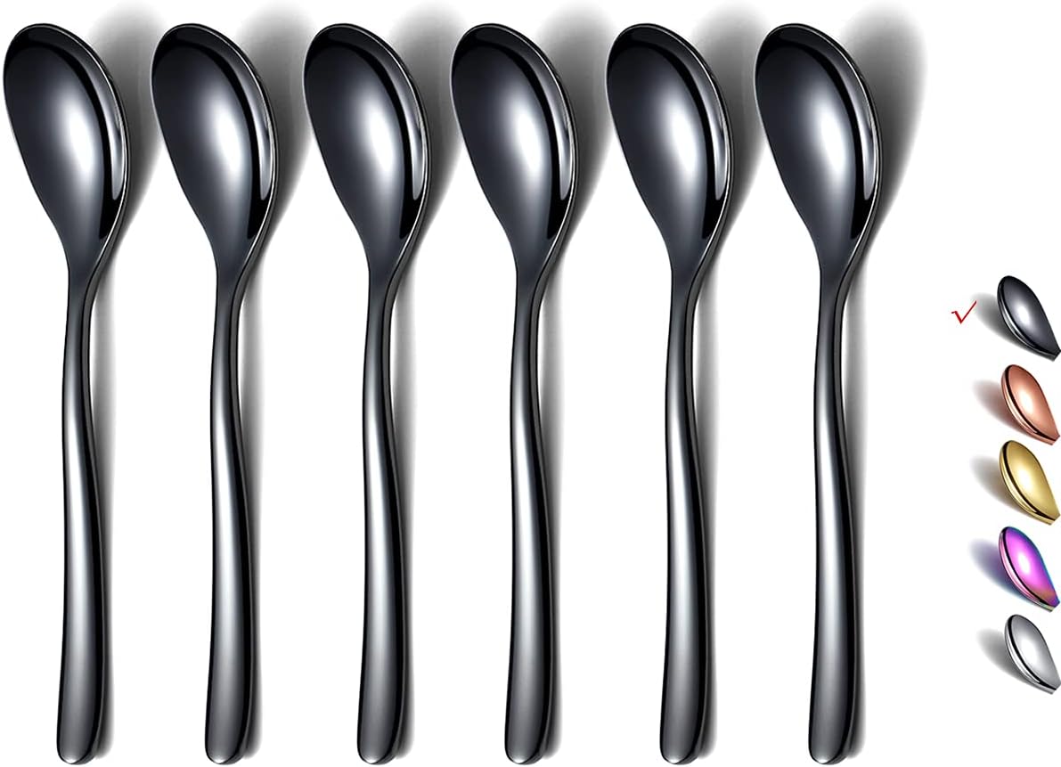 Black Demitasse Espresso Spoons, 5.5'' Mini Coffee Spoons, Set of 6, Stainless Steel, Dishwasher Safe