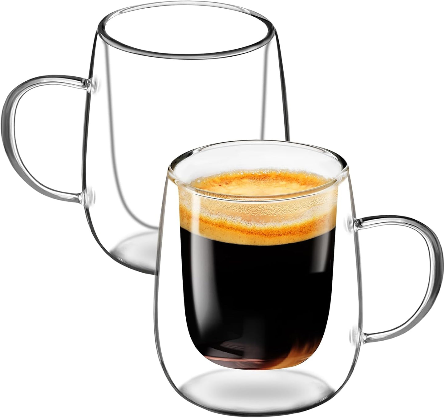 Glass Coffee Cups Set of 2, 13oz Double Walled Glass Mugs with Handles, Clear Insulated Coffee Mug Espresso Cups, Cappuccino Latte Tea Cups Set, Heat Resistant Borosilicate Clear Glasses