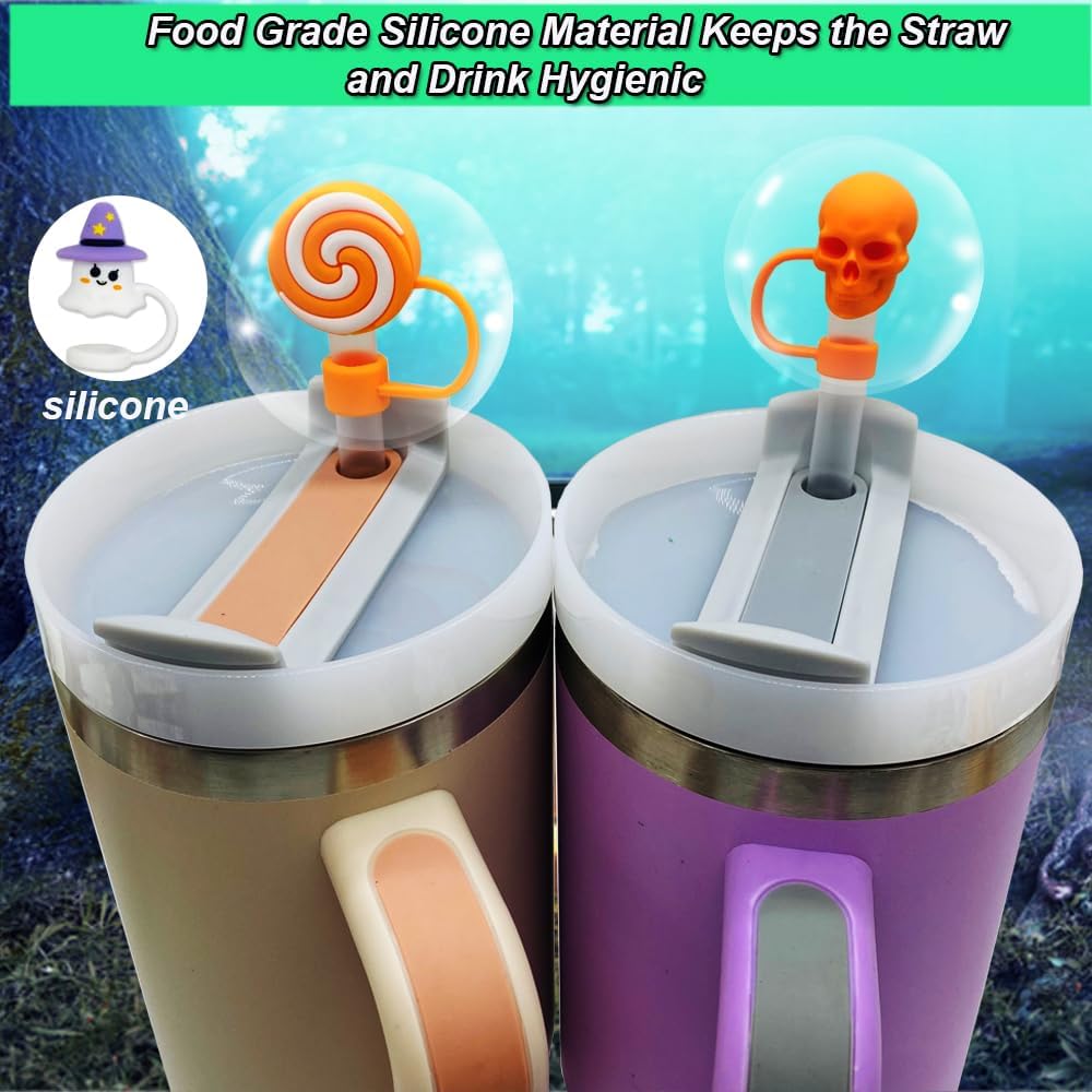 9PCS 3D Halloween Straw Toppers for Stanley Cup, Cute Silicone Skull Ghost Straw Covers Cap Compatible with 30&40oz Tumbler with Handle,10mm 0.4in Dust-Proof Reusable Tips Lids for Halloween Gifts