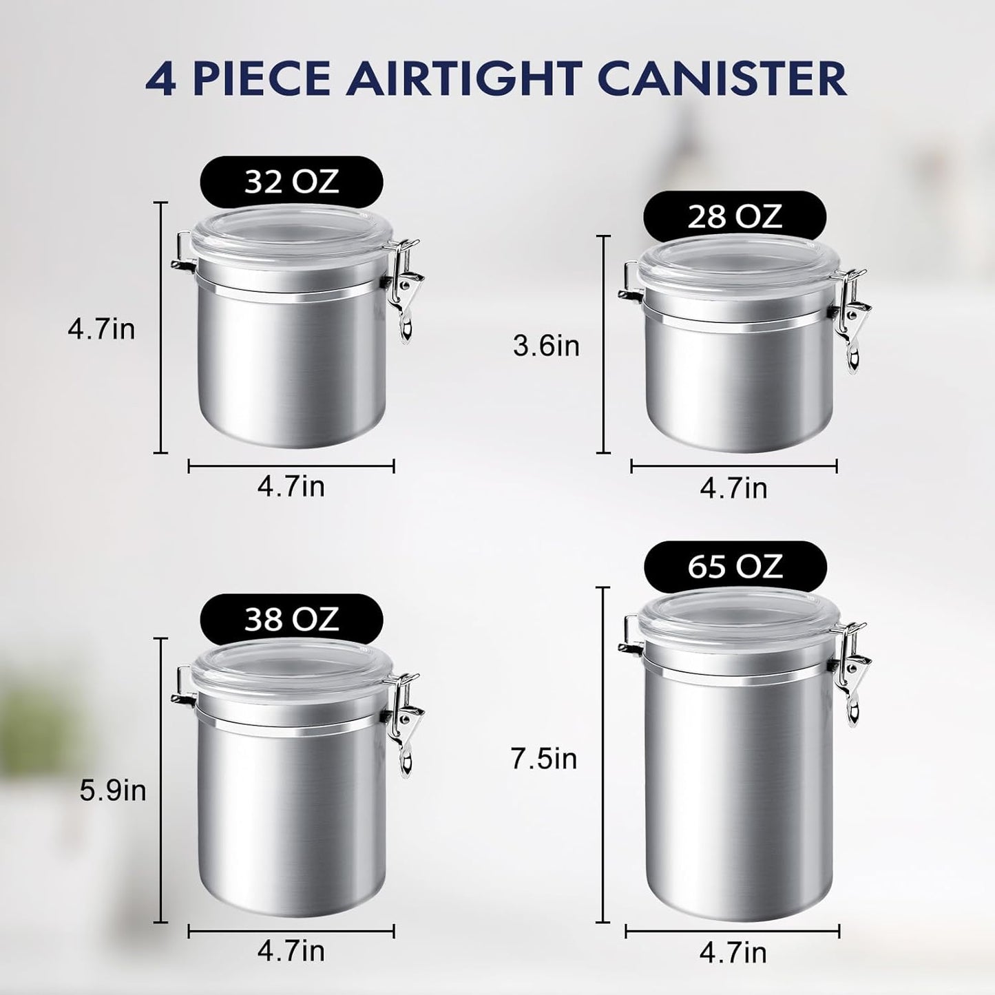 ENLOY 4-Piece Stainless Steel Airtight Food Storage Canister Set with Clear Lid, Containers Sets for Kitchen Counter for Sugar, Flour, Tea, Candy, Cookie, Spice, 28/32/38/65 oz