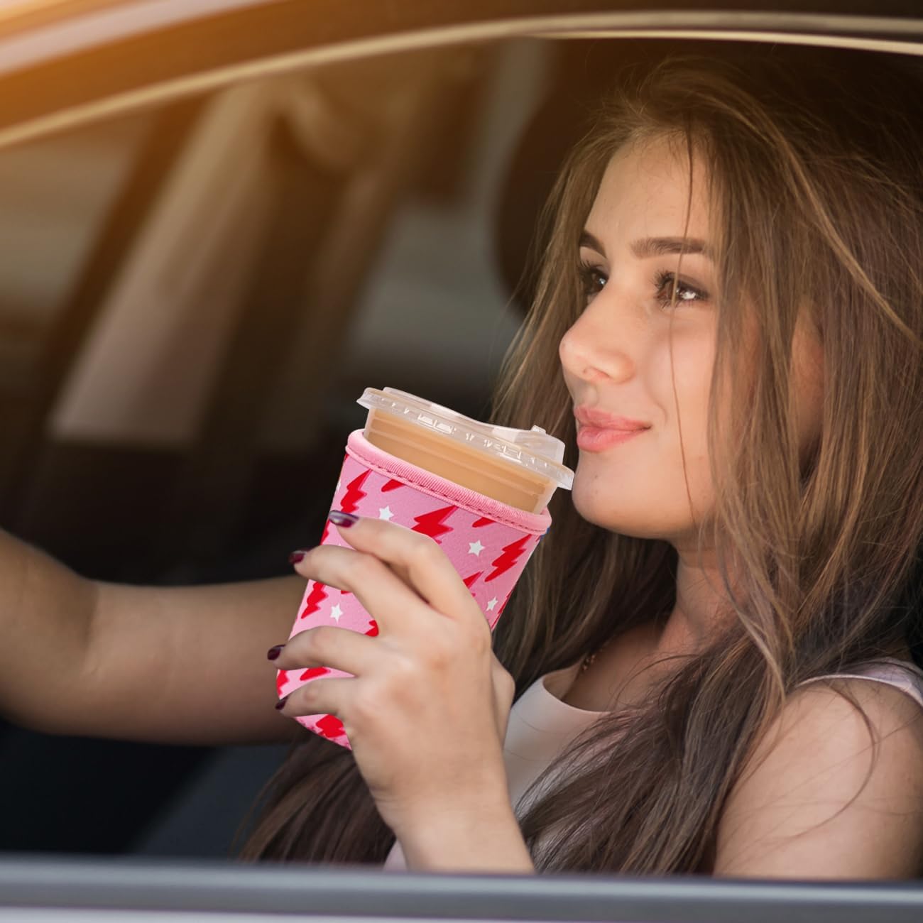 Reusable Insulated Neoprene Iced Coffee Cup Sleeve, Durable Drink Sleeve for Cold Beverages, Beverage Holder for Iced Coffee, Pink Flash