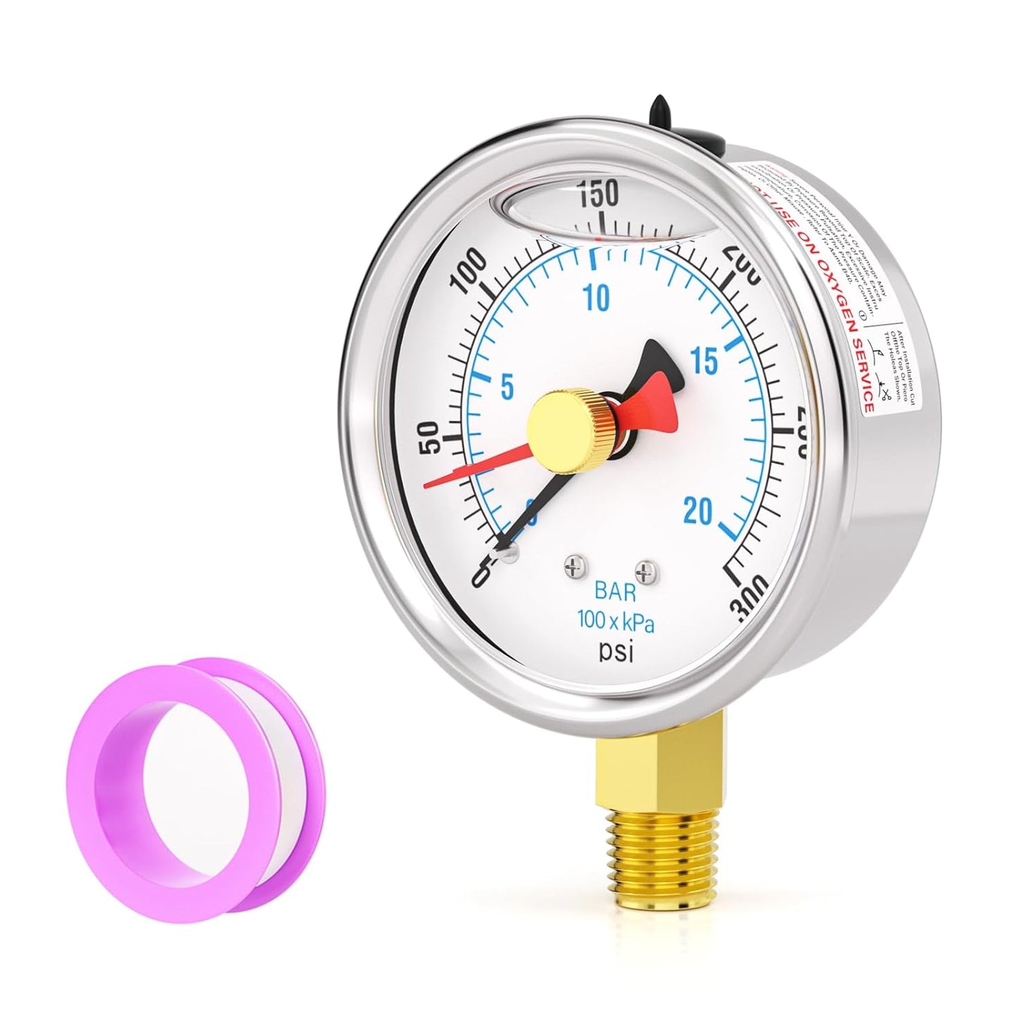0-300PSI Stainless Steel with Reset Pointer Liquid Filled Pressure Gauge, 2.5" Dial Size, 1/4" NPT Lower Mount, for Tube, Water Pump, Gas, Liquid, Pressure Test