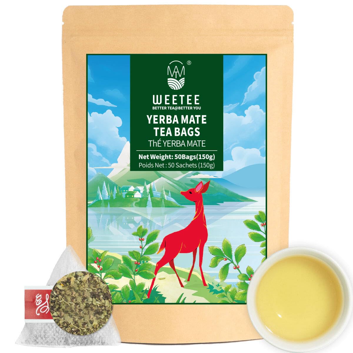 WT WEETEE Yerba Mate Tea Bag, Unsmoked Yerba Mate 50 Teabags From Argentina, Rich In Antioxidants, Plant Nutrients, Perfect Coffee Replacement