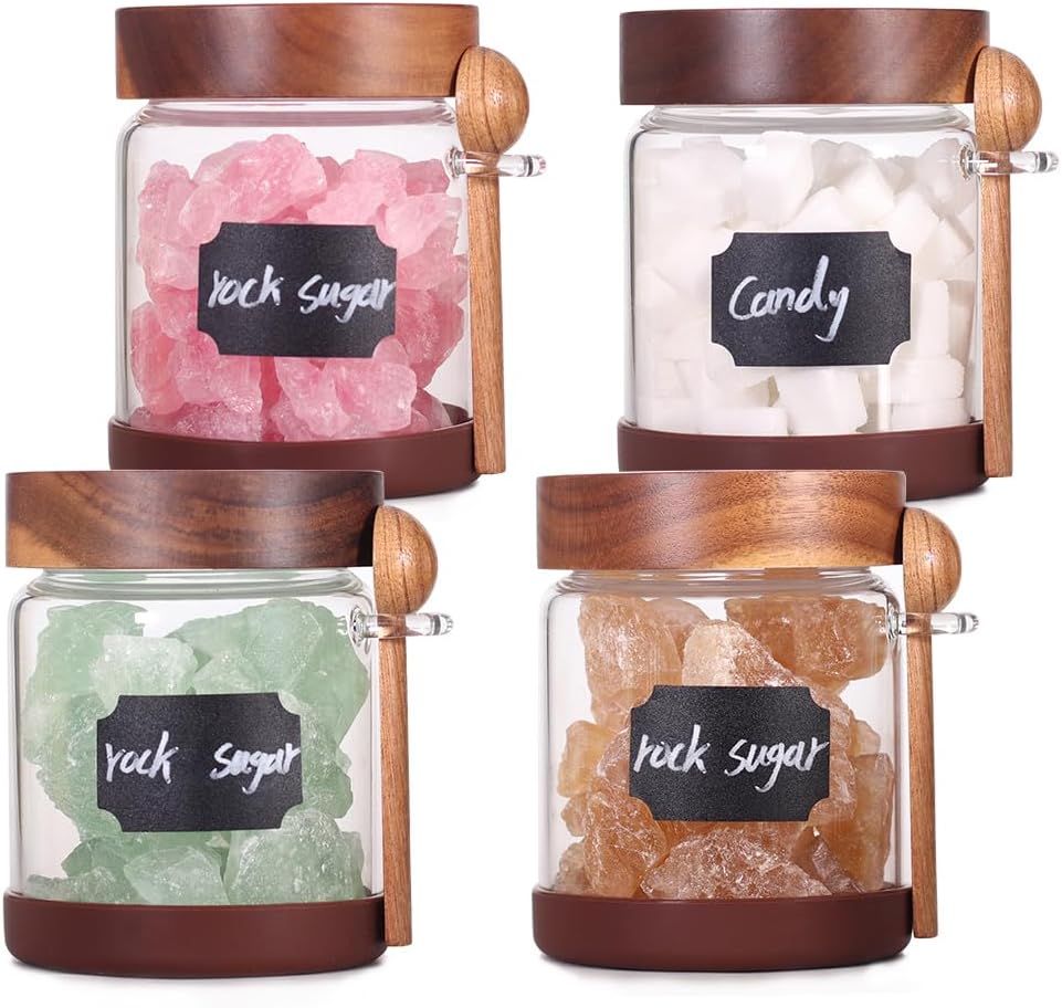 SAIOOL High Bprosilicate Glass 4 Pack Spice Jars with Label and Spoons,Overnight Oats Containers with Acacia Airtight Lids,Glass Food Storage Jars, Coffee Bar (Acacia 22 OZ*4)