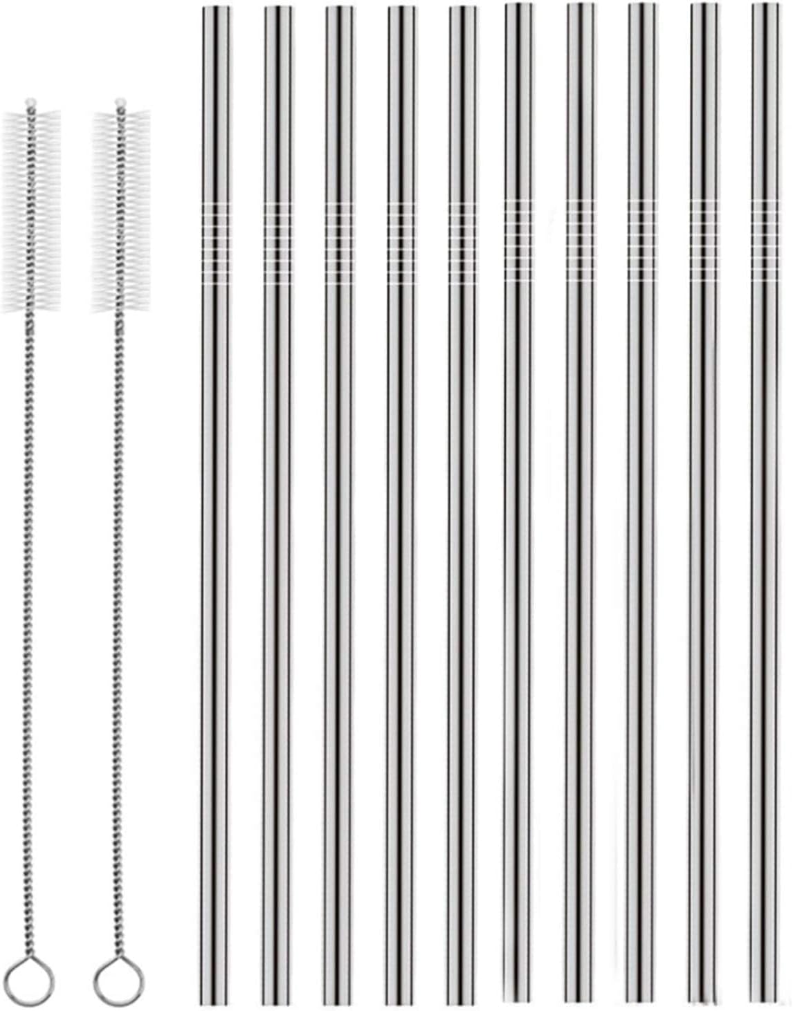 Set of 10 Stainless Steel Straws, HuaQi Straight Reusable Drinking Straws 10.5'' Long 0.24‘’ Dia for 30 oz Tumbler and 20 oz Tumbler, 2 Cleaning Brush Included (10 Straight Straw + 2 Brushes）