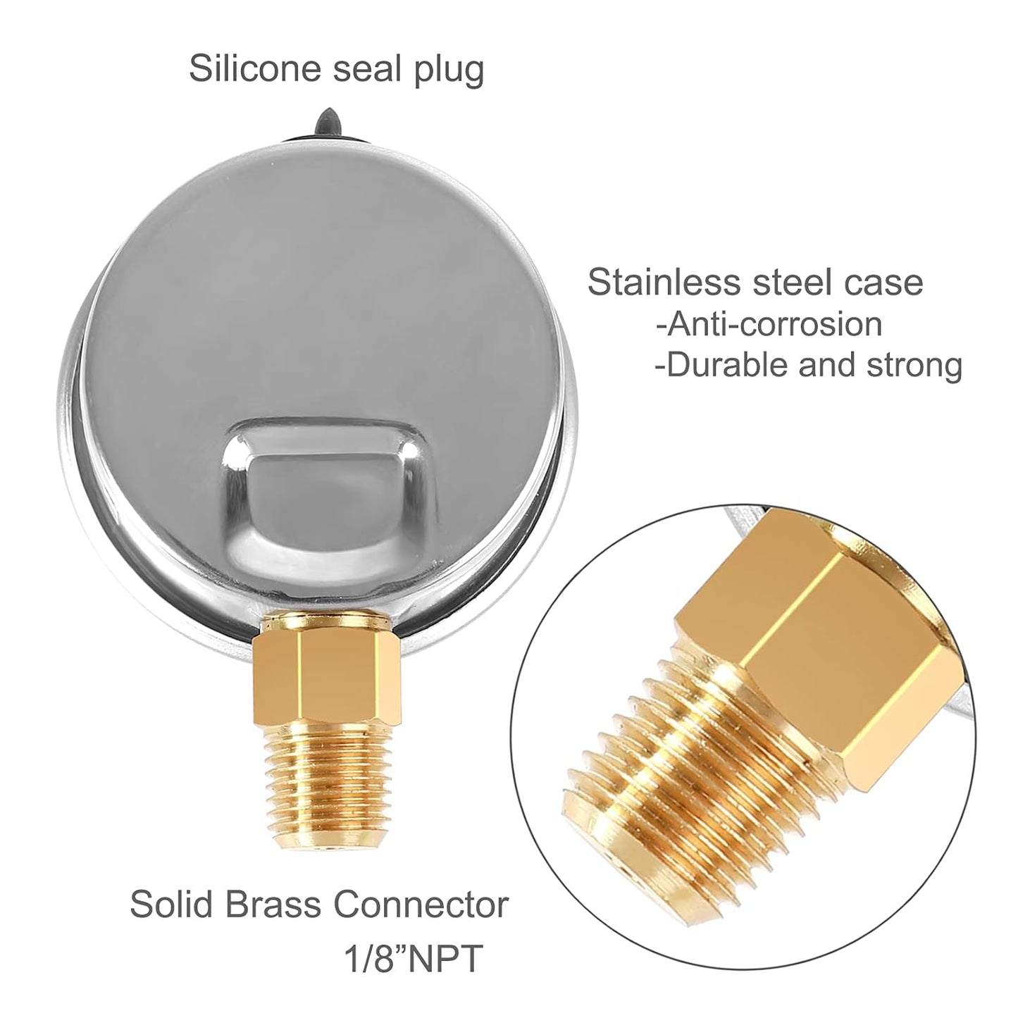 Glycerin Filled Pressure Gauge with 304 Stainless Steel Case, 1-1/2" Dial Size, 0-15Psi, High Accuracy, 1/8" NPT Center Lower Mount with Single Scale