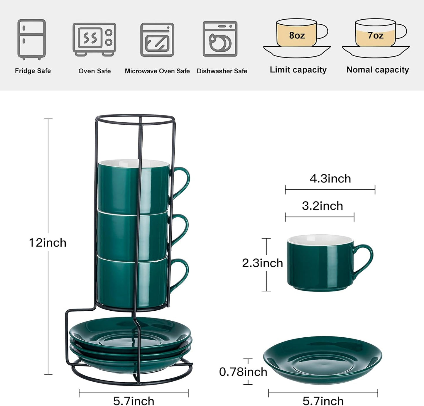 8oz Porcelain Stackable Cappuccino Cups with Saucers and Metal Stand Set of 4, Coffee Cups for Espresso, Specialty Coffee Drinks, Latte, Americano and Tea - Green