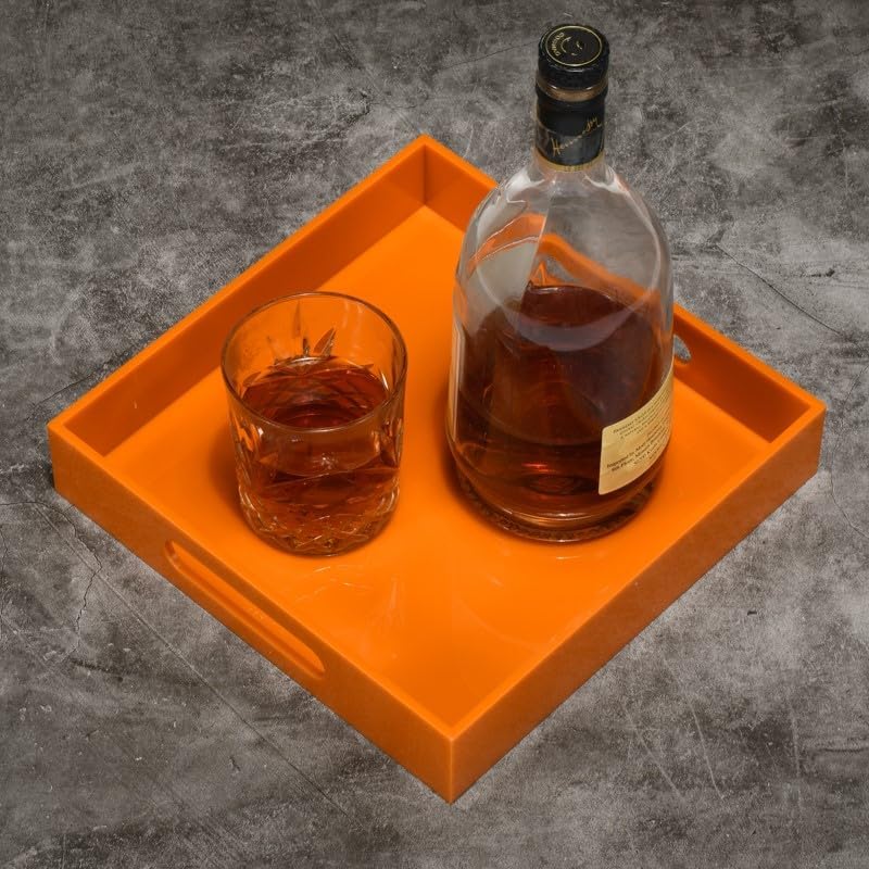 Orange Sturdy Acrylic Serving Tray with Handles-10x10Inch-Serving Coffee,Food,Breakfast,Butler-Kitchen Countertop Tray-Makeup Drawer Organizer-Vanity Table,Ottoman Tray-Decorative Tray