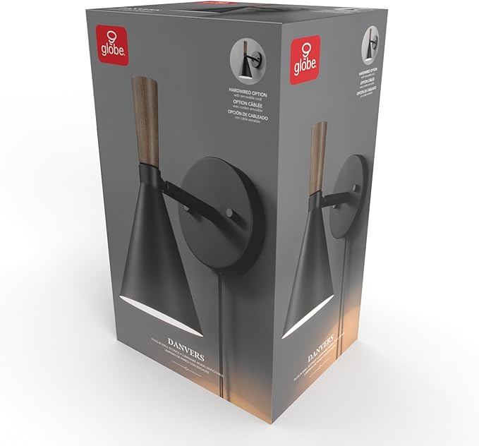 Globe Electric Plug-in or Hardwire Wall Sconce, Matte Black, Wood-Tone Switch - Image 10