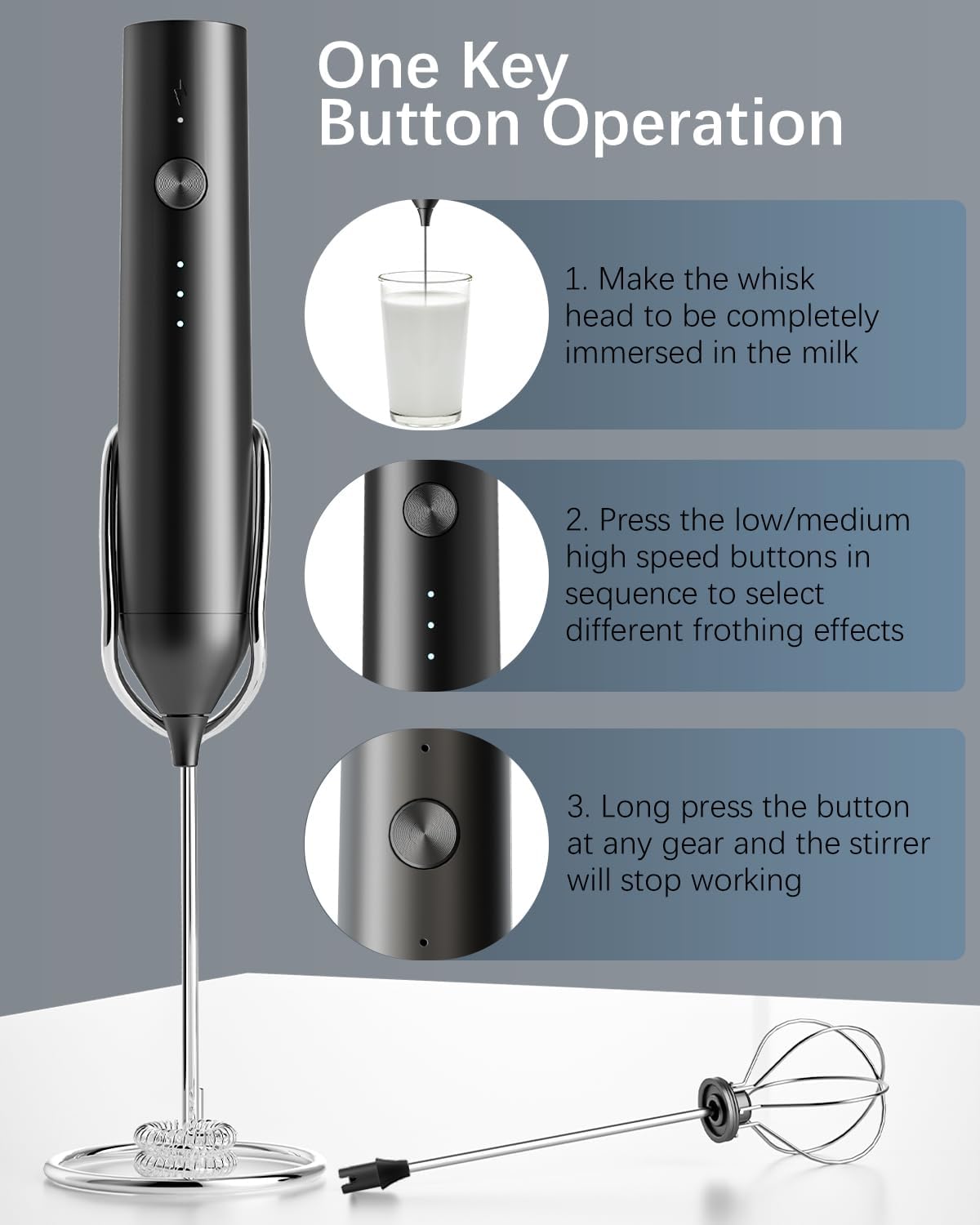 Rechargeable Milk Frother with Stand, Electric Frother Wand Handheld Coffee Foam Maker Detachable Stainless Steel Whisk Drink Mixer Foamer for Latte, Cappuccino, Hot Chocolate, Egg (Black)