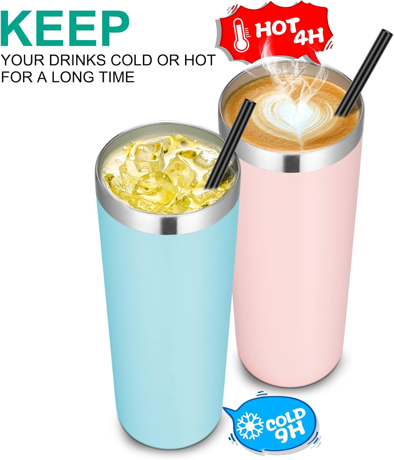 VEGOND Stainless Steel Tumblers Bulk 12 Pack, 20 oz Vacuum Insulated Skinny Tumblers with Lids and Straws, Double Wall Coffee Mug, Travel Water Cup, Blue