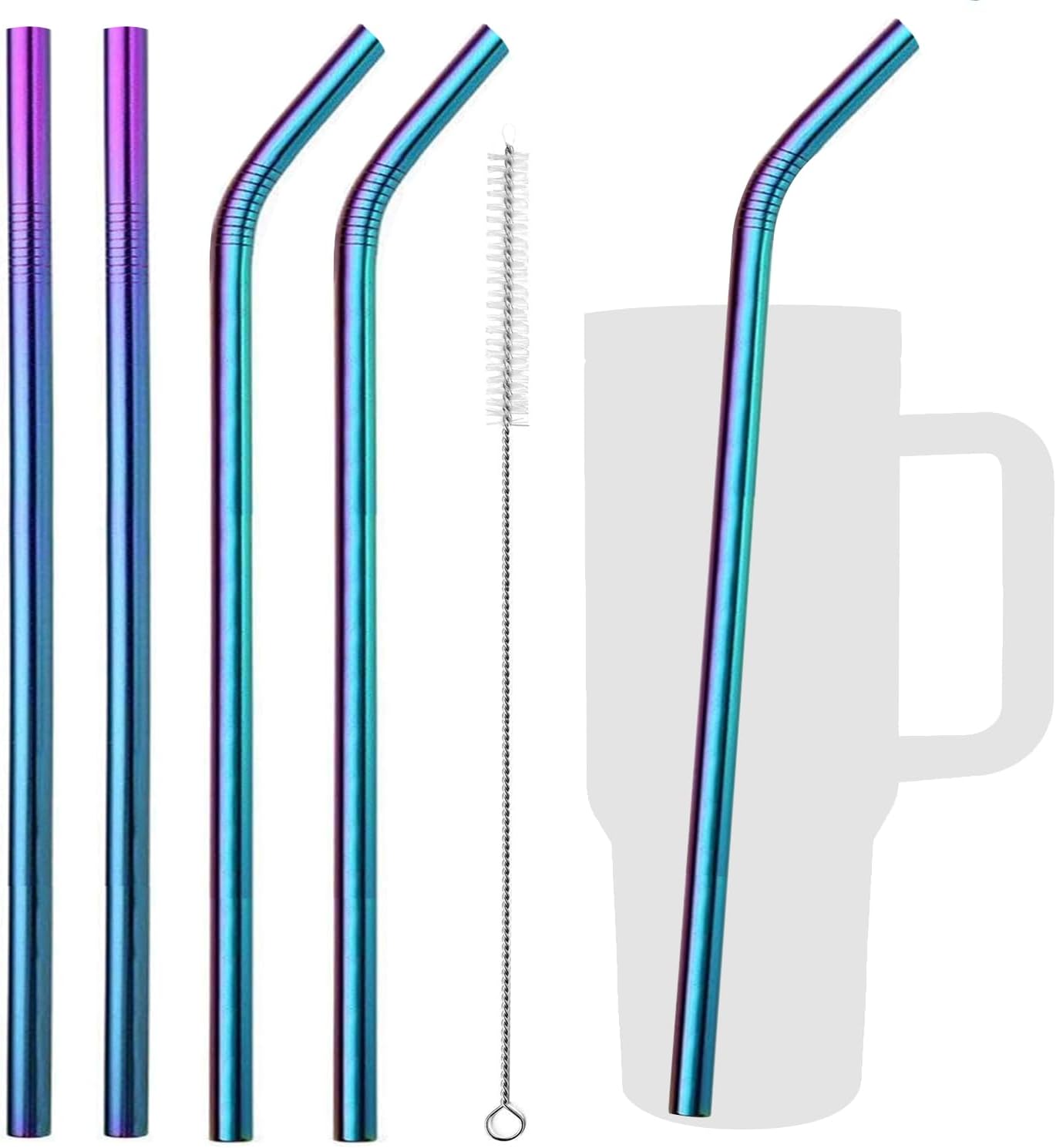 VEHHE Metal Stanley Straw, 12.5-inch Long Stainless Steel Stanley Cup Straw, 4 Pack Reusable Drinking Straws with Cleaning Brush for Stanley Cup Accessories(Rainbow)