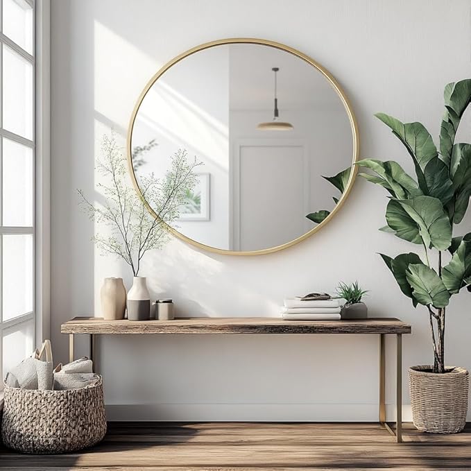 Oruii Gold Round Mirror, Circle Wall Mirrors Metal Frame, Brass Circular Mirrors - Image 4