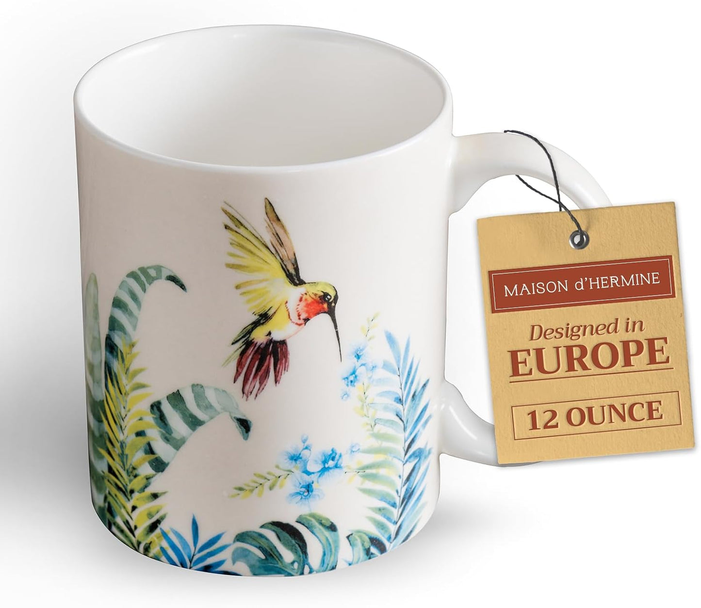 Maison d' Hermine Coffee Mug with Handles Fine Bone China Mugs Pack of One Tea Cups for Hot Beverages Cappuccino Latte Home Restaurant Office Perfect for Gift (Tropiques - Hummingbird, 12 Ounce)