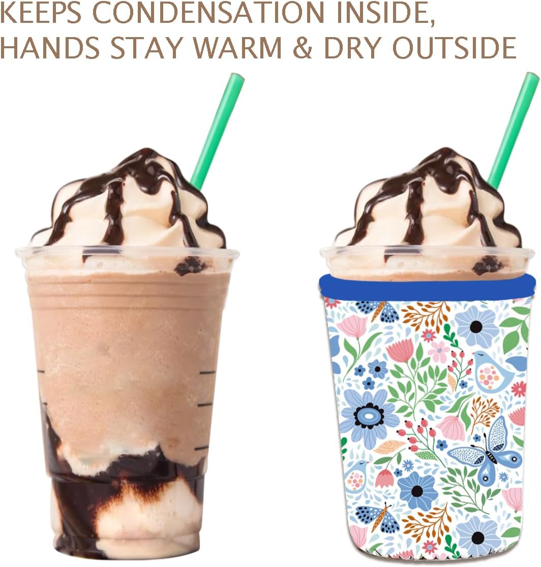 Reusable 3-Pack Iced Coffee Cup Sleeve, Insulated Neoprene, Beverage Holder for Iced Coffee, Durable Drink Sleeve for Cold Beverages, Butterfly Bloom