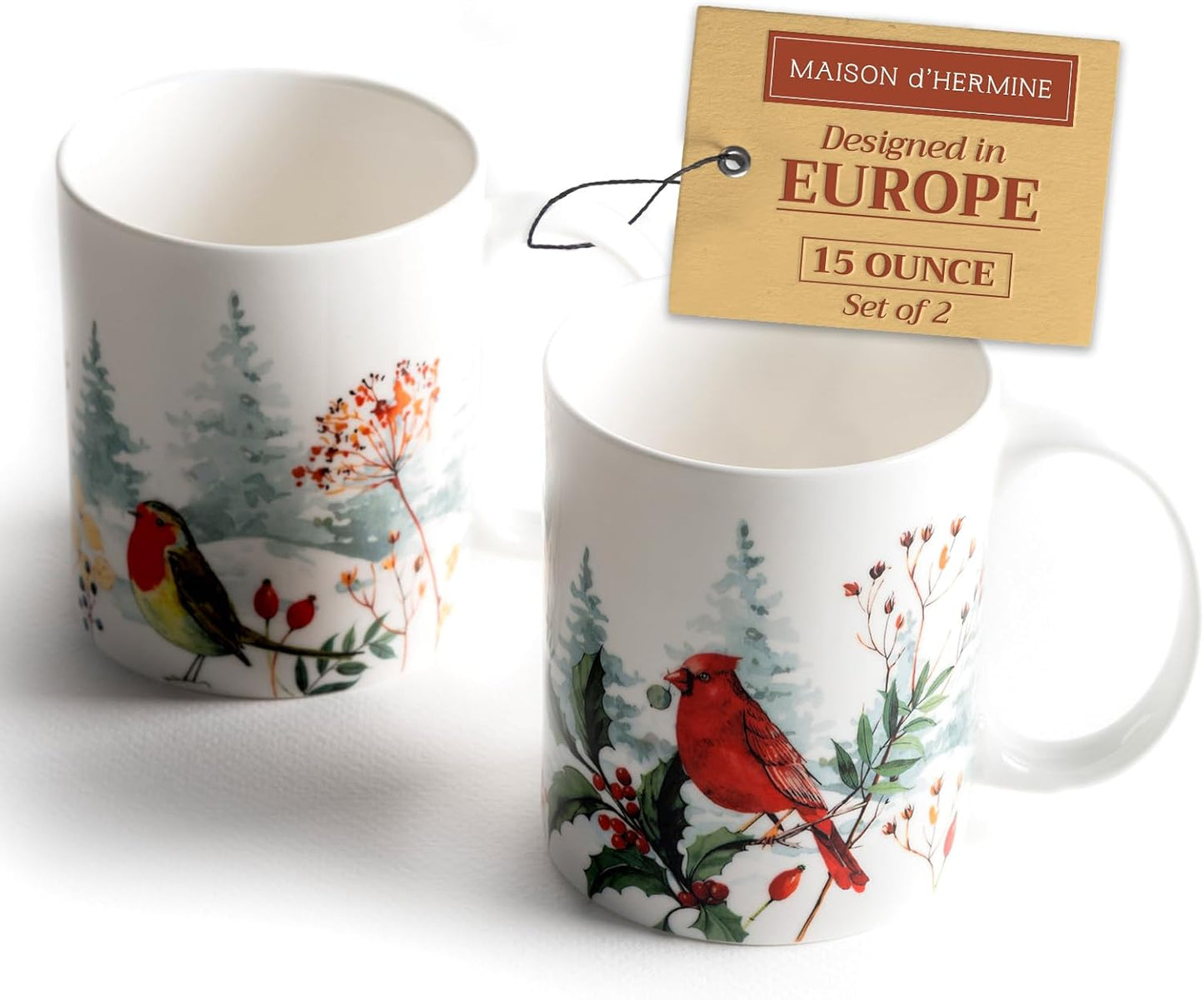 Maison d' Hermine Coffee Mug with Handles Fine Bone China Mugs Pack of Two Tea Cups for Hot Beverages Cappuccino Latte Home Restaurant Office Perfect for Gift (Morzine, 15 Ounce)