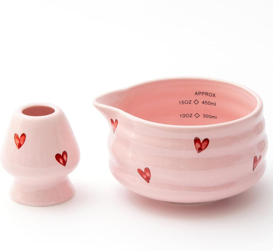 2pcs Matcha Bowl with Whisk Holder, Ceramic Pink Matcha Bowl with Spout, 16.5OZ Porcelain Bowl with Measurement Marks, Tea Mixing Bowl with Whisk Stand, Cute Matcha Gift Set (pink love)