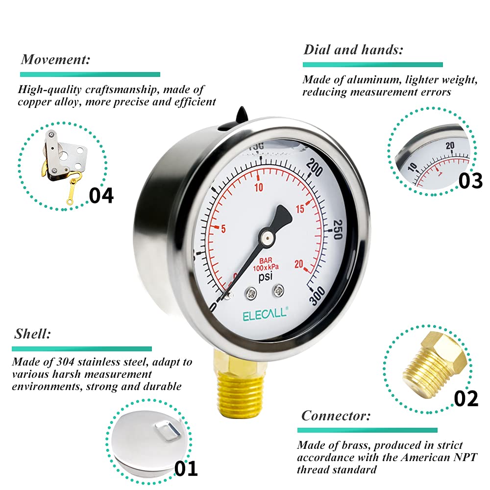 ELECALL 2-1/2" Liquid Glycerin Filled Air Pressure Gauge, 0-300Psi, 1/4" NPT Lower Mount, Stainless Steel Case, Brass Internals, Water Pressure Gauge