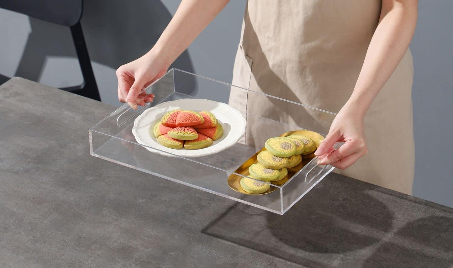 Clear Sturdy Acrylic Serving Tray with Handles-12x20Inch-Serving Coffee,Appetizer,Breakfast,Butler-Kitchen Countertop Tray-Makeup Drawer Organizer-Vanity Table,Ottoman Tray-Decorative