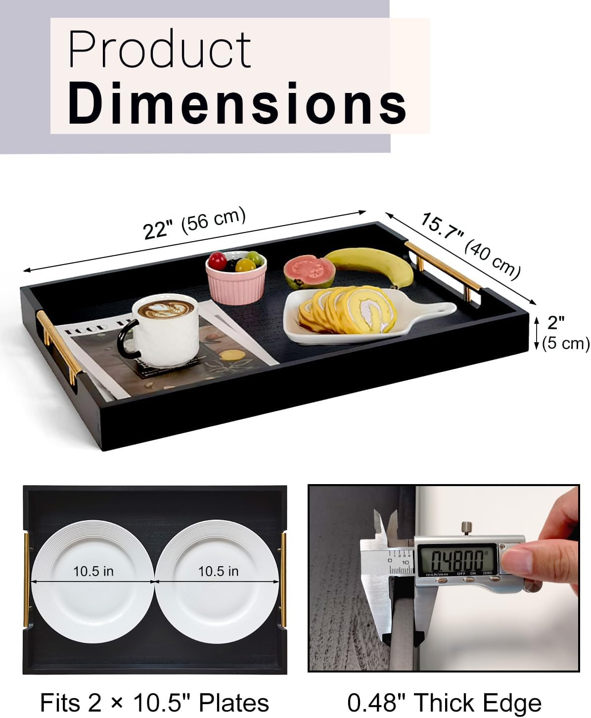 22 Inch Rectangle Black Ottoman Tray with Gold Metal Handles, Extra Large Wooden Serving Tray for Living Room, Coffee Table, Kitchen & Hosting