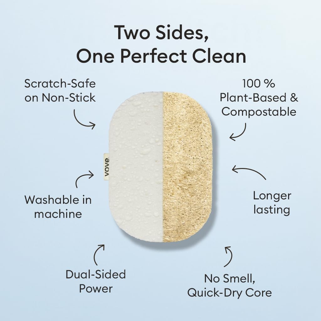 Vove. | Earth-Friendly Kitchen Sponges | 100% Natural | 12 Pack | Long-Lasting | Versatile Cleaning | Plastic Free | Washing up Sponge | Cellulose | Non-Scratch Scrubber | Compostable