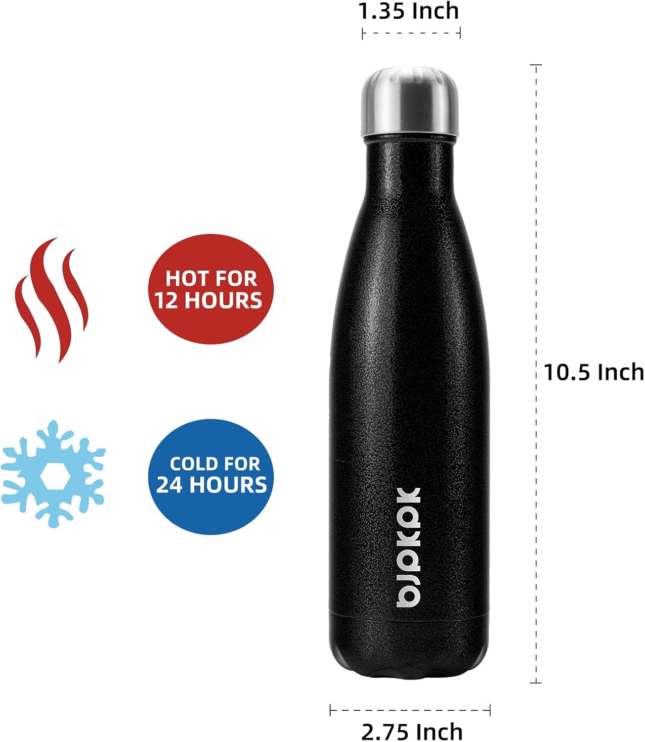 BJPKPK Insulated Water Bottles 17oz, Leak Proof Stainless Steel Water Bottle Keeps Cold for 24 Hours and Hot for 12 Hours, BPA Free,Black