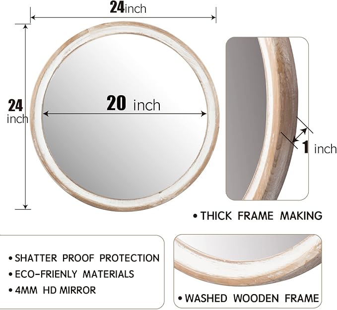 Reflinto 24 Inch Rustic Farmhouse Round Wall Mirror - Image 3