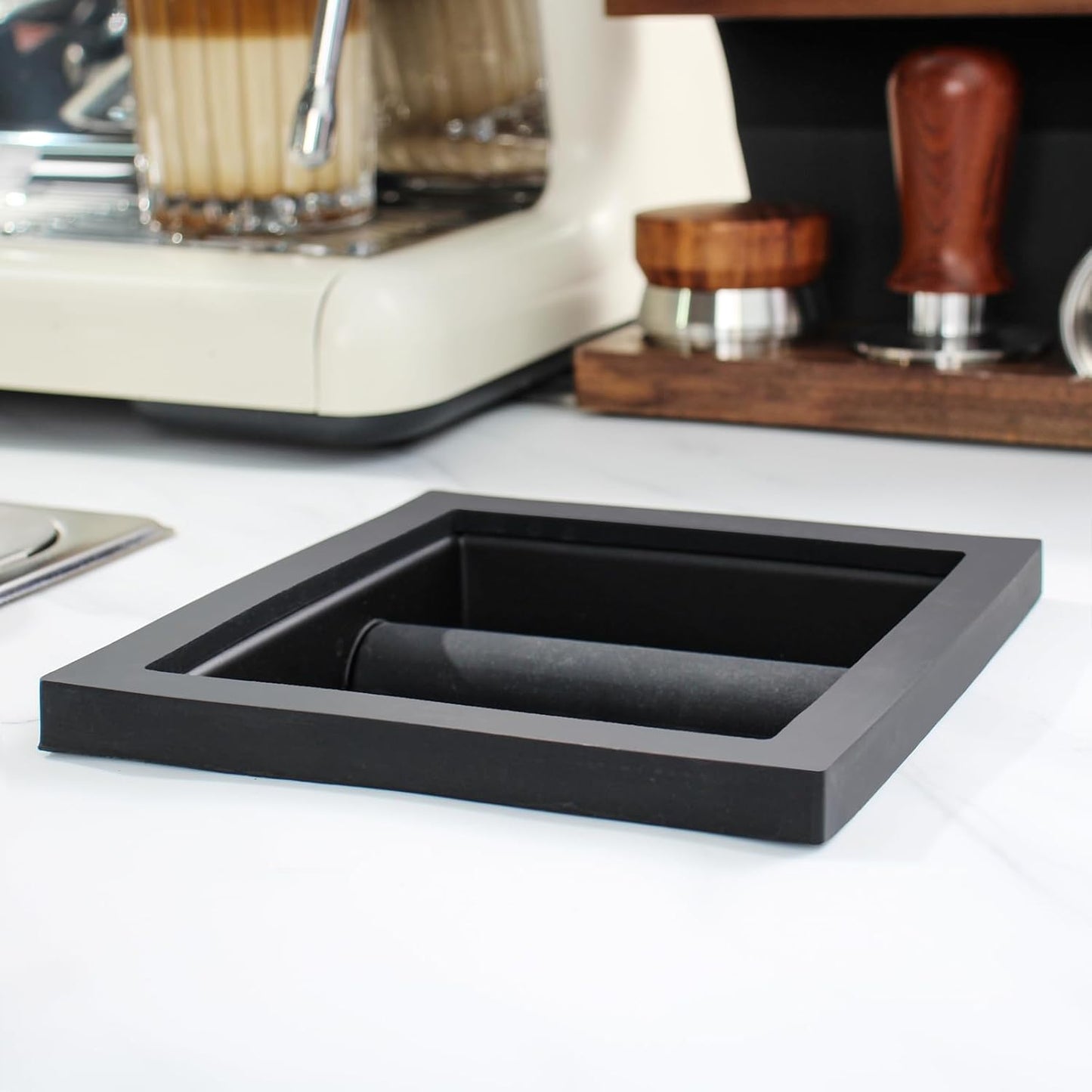 Espresso Coffee Ground Knock Box Chute, Built-in Desktop Waste Bucket, Stainless Steel Bottomless Knocking Residue Box (Rectangle)