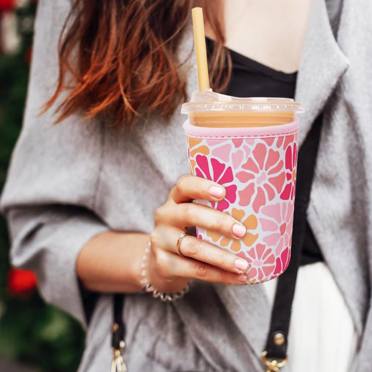 Reusable Insulated Neoprene Iced Coffee Cup Sleeve, Durable Drink Sleeve for Cold Beverages, Beverage Holder for Iced Coffee, Blush Petals