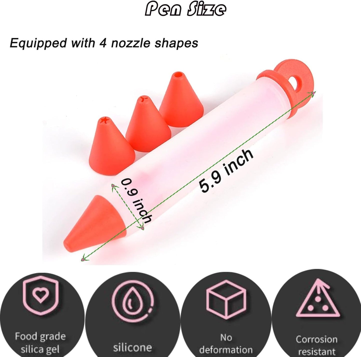 Cake Decorating Pen Dessert Decorating Tool, Silicone Food Syringe Cylinder with 4 Heads Cookie Icing Piping Nozzles Used for Chocolate Jam, Lettering, Drawing, Cream (5 pack)