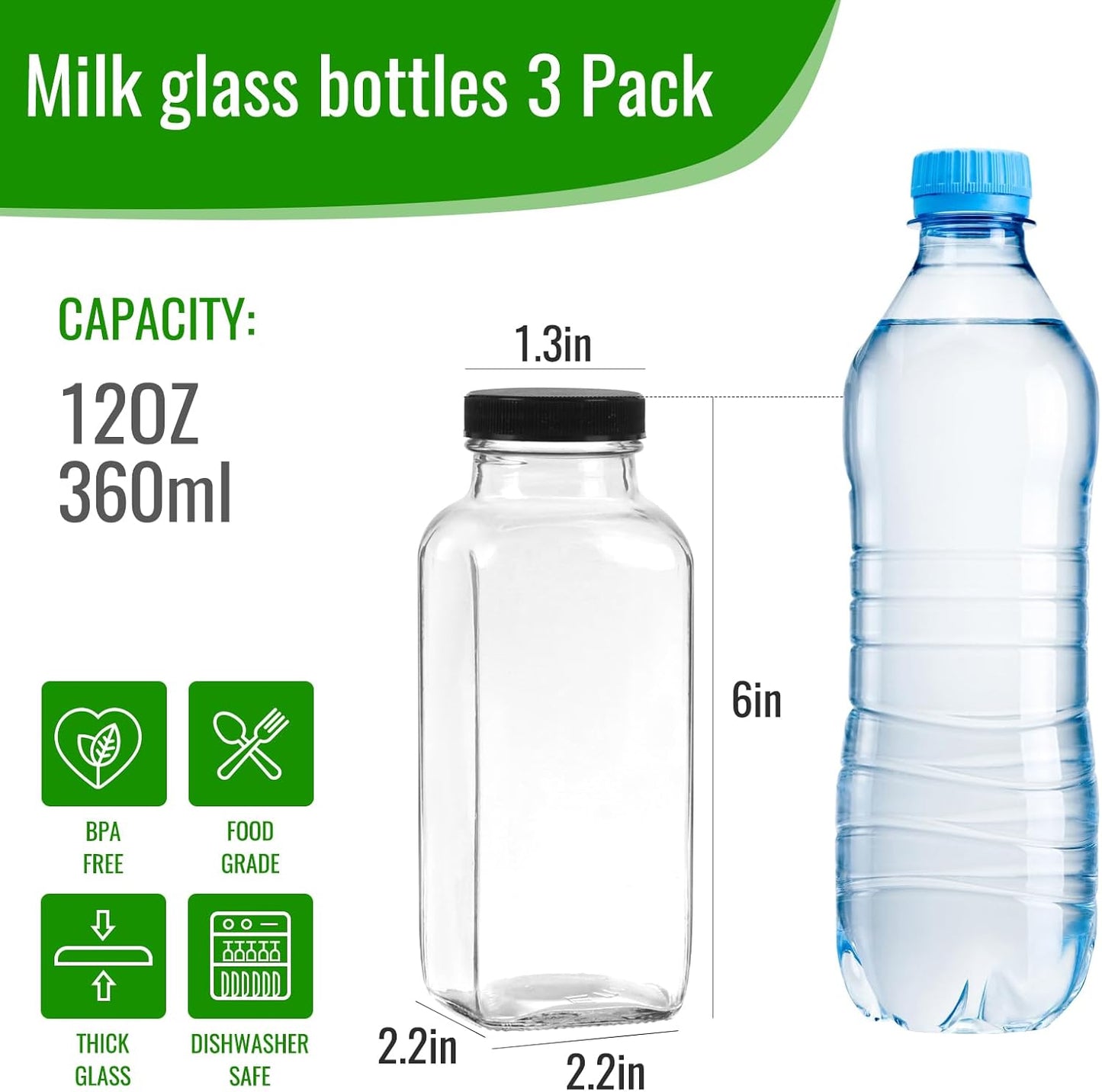 BIGIVACA 12 oz Glass Juice Bottles with Lids,3 PACK Bottles for Juicing,Square Drinking Jars Glass for Coffee,Cola,Milk,Tea in Travel,Work,School