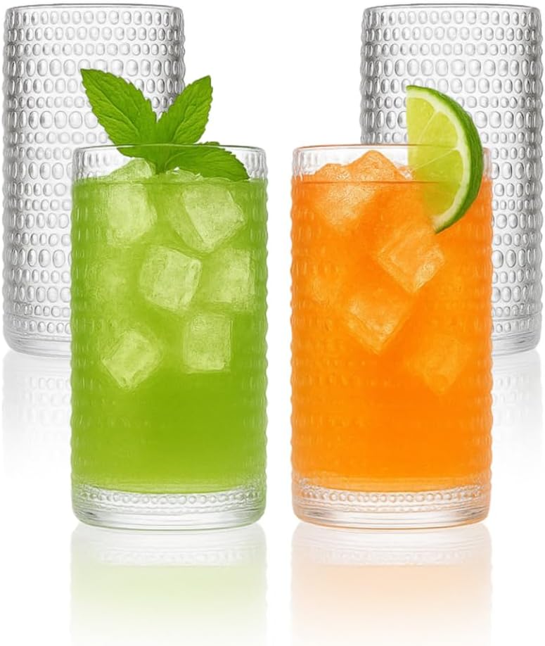 LEMONSODA Hobnail Highball Glasses Set of 4 – Vintage Clear Drinking Glass Cups 15oz – Textured Tall Retro Glassware Tumblers for Water, Iced Coffee, Cocktails, Soda, Juice (Highball 15oz, Set of 4)