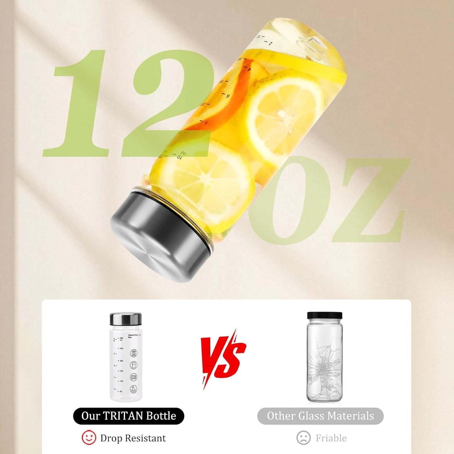 6 Pack Juice Bottles with Caps - Wide Mouth Resuable Clear Plastic Water Bottles for Juicing,Smoothie,Protein, Beverage,Storage Containers,BPA Free,Leakproof Stainless Steel Lid(12 Ounces)