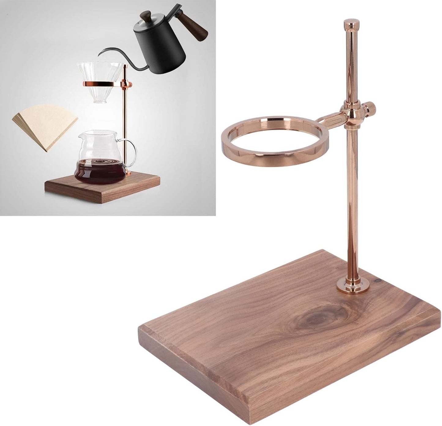 Topyond Pour Over Coffee Dripper Station Stand, Adjustable Stand Wooden Base for Cone Glass Coffee Carafe, Restaurant Filter Holder for Café, Rose Gold