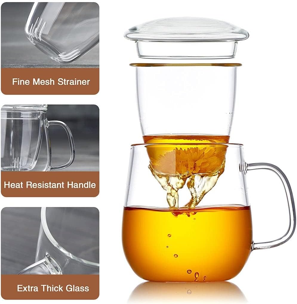 Glass Teacups 2 Pack Glass Tea Cup with Infuser and Lid, 17.6oz/520ml Large Borosilicate Teacup,Tea Clear Mug Cup for Loose Leaf Blooming Tea, Microwave & Dishwasher Safe