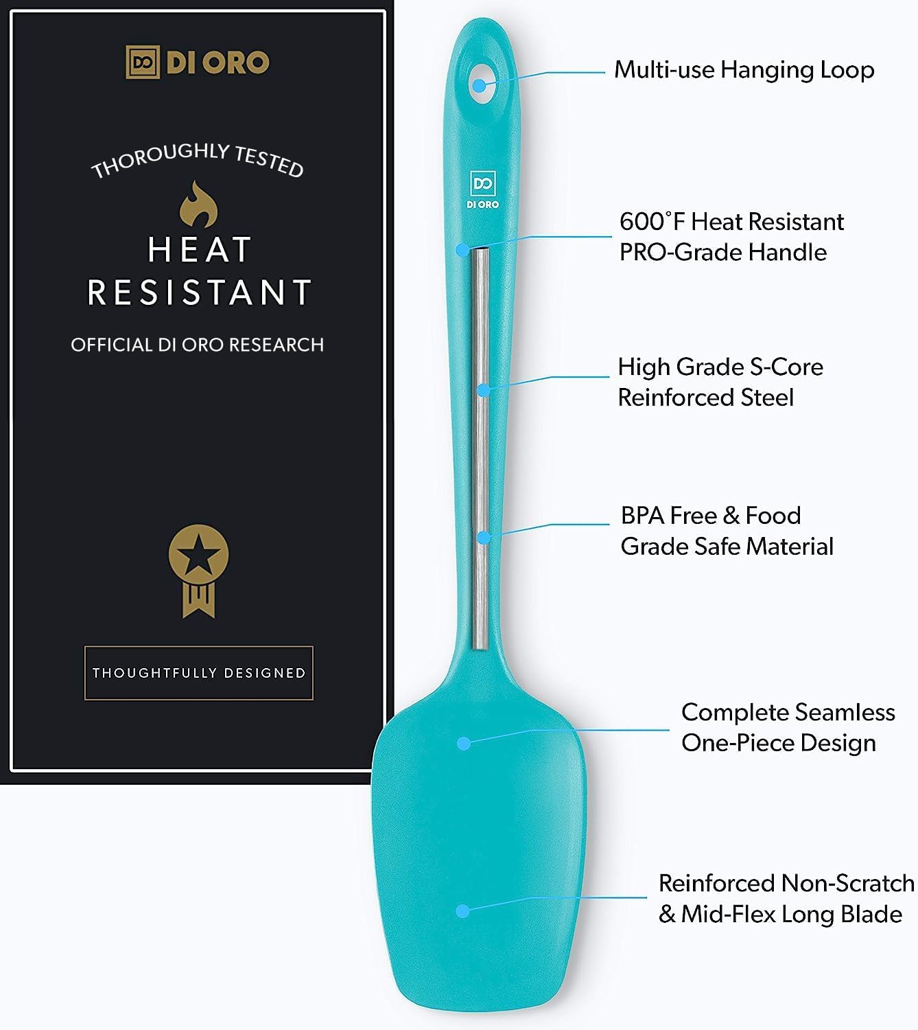 DI ORO Silicone Spoon Spatula - Forever Warranty - 600°F Heat-Resistant Large Silicone Spoonula Scraper - BPA Free Nonstick Cookware Safe Rubber Kitchen Utensil for Baking, Cooking, & Mixing (Teal)
