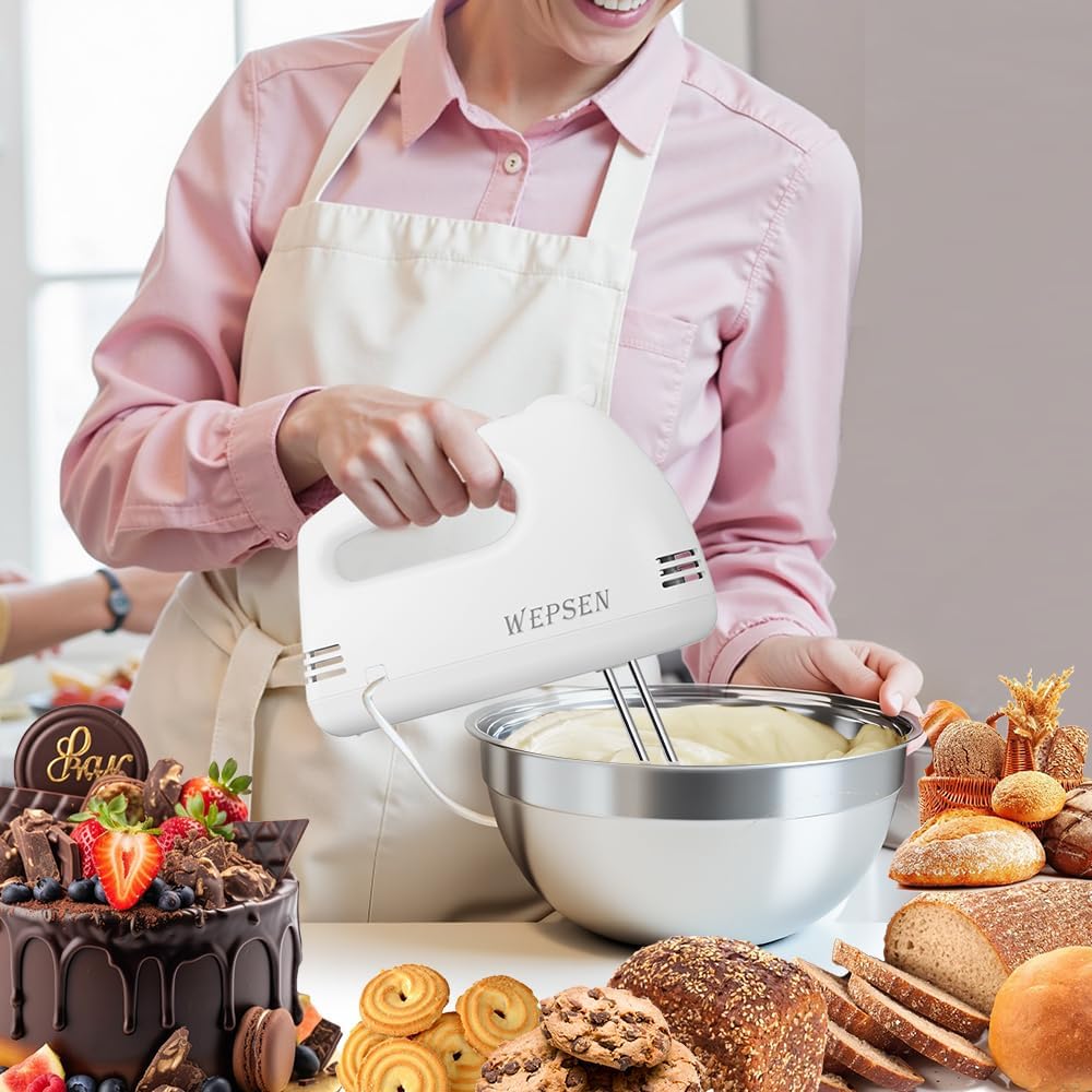 5-Speed Electric Hand Mixer, 4 Large Mixing Bowls Set, Handheld Mixers with Whisks Beater, Stainless Steel Metal Nesting Bowl Measuring Cups Spoons Kitchen Cake Blender for Baking Supplies