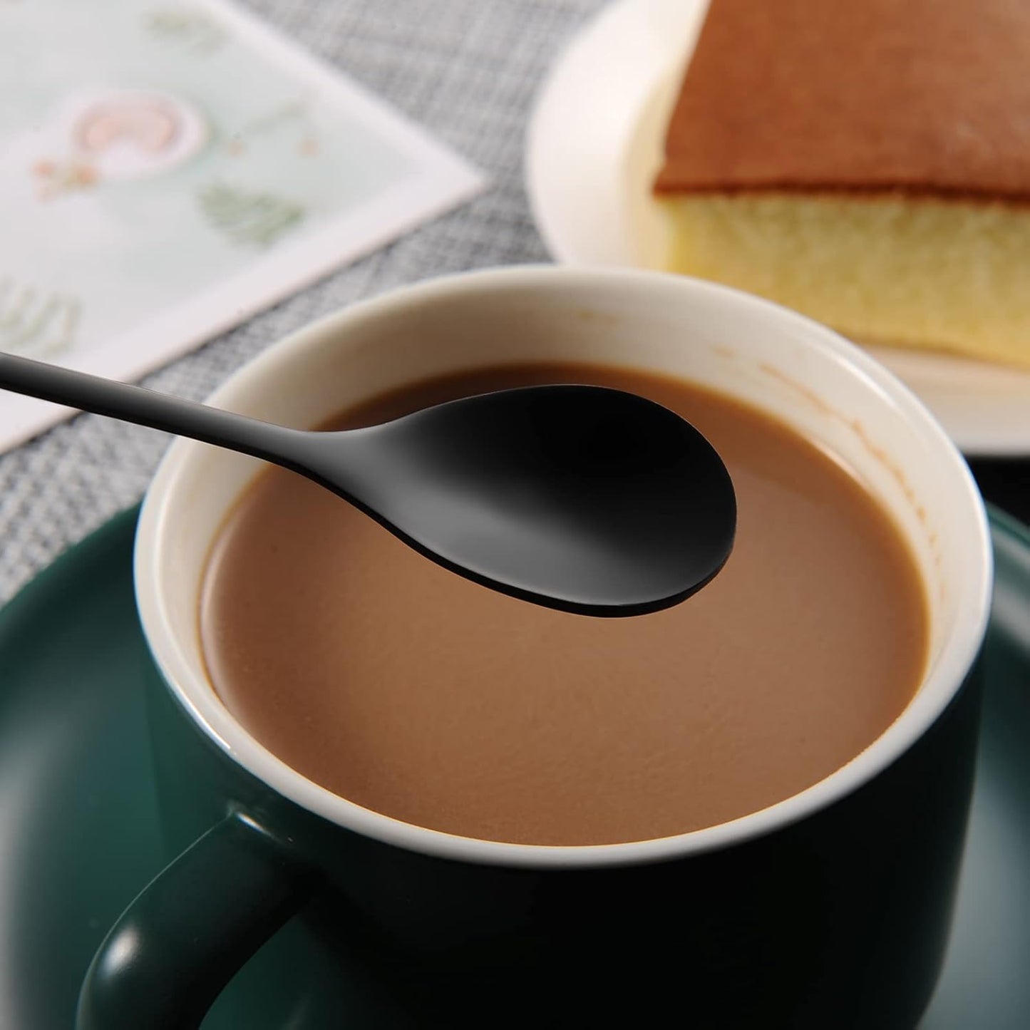 AnSaw 6-Piece Elegant Black Leaf Long Handle Teaspoons - 7.4" Stainless Steel Stir Spoons for Coffee & Tea, Perfect for Mixing & Stirring