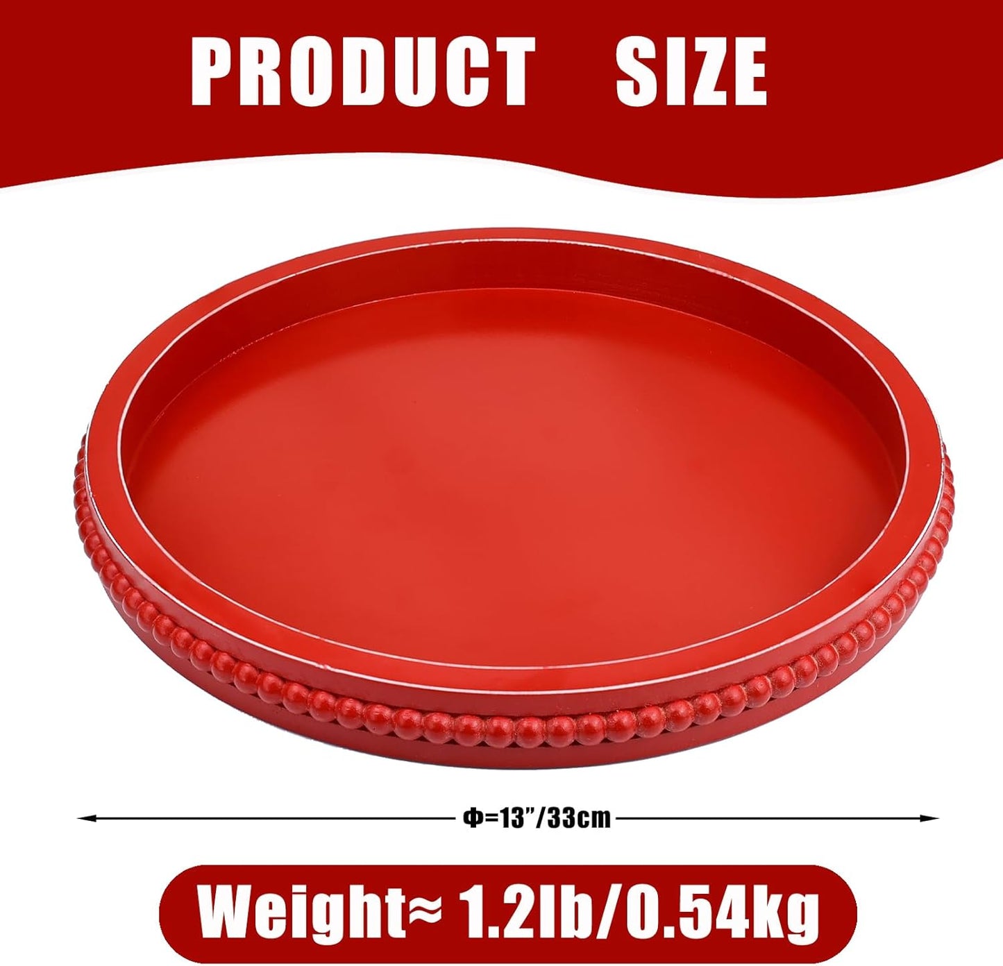 Red Round Wood Decorative Ottoman Tray for Coffee Table Kitchen Counter, Living Room, Handcrafted Wooden Serving Tray for Table Centerpiece