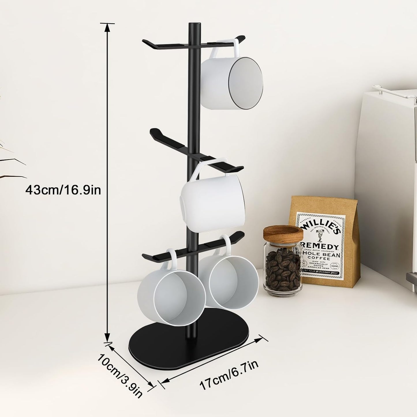 Cup Holder Tree with 6 Hooks, Metal Coffee Mug Rack Stand (Black)