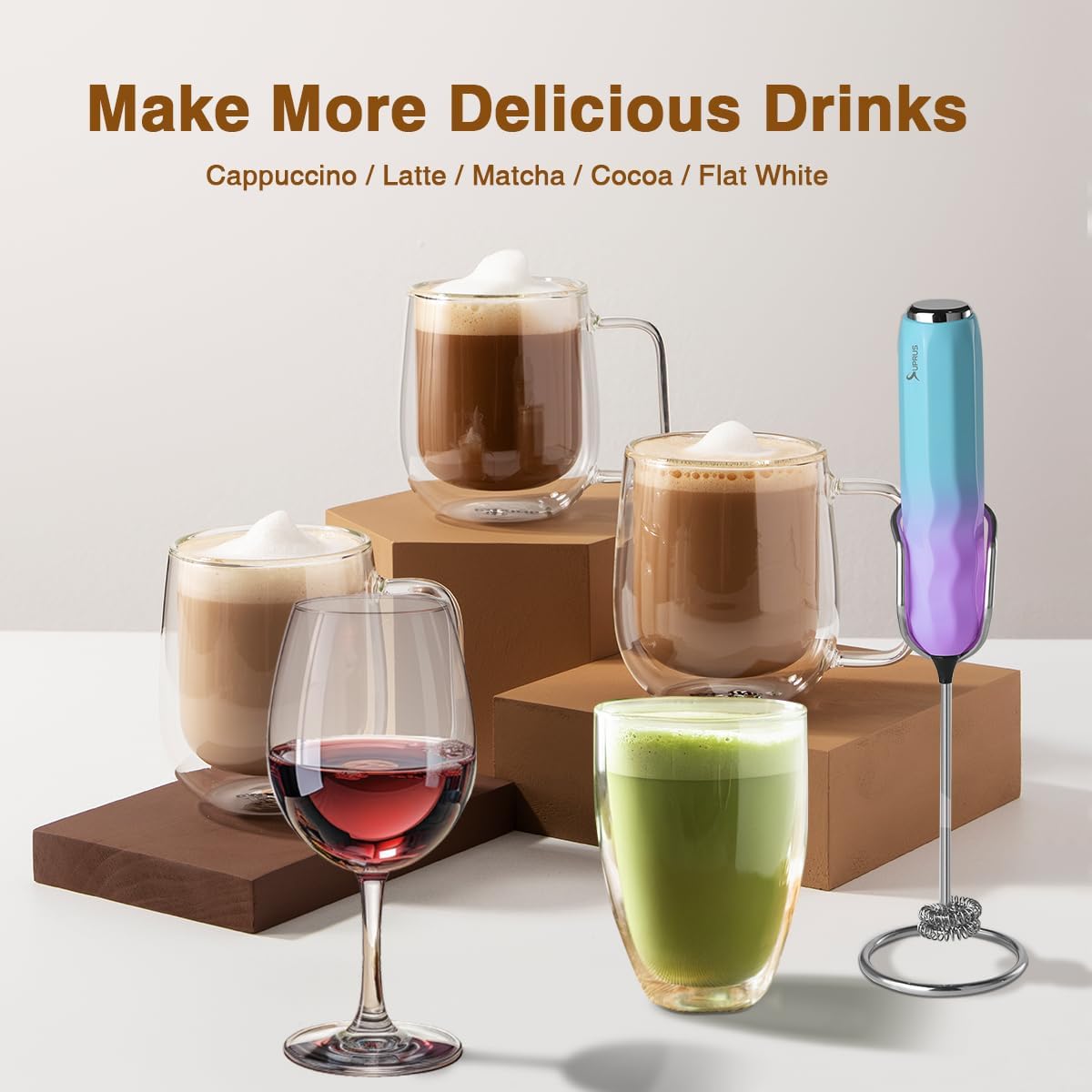 SUPRUS Ultra Fast Handheld Milk Frother Double Whisk with Stand 2 Batteries Stainless Steel for Lattes Cappuccino Matcha Hot Chocolate Coffee Bar Accessories Kitchen Gadgets Gift