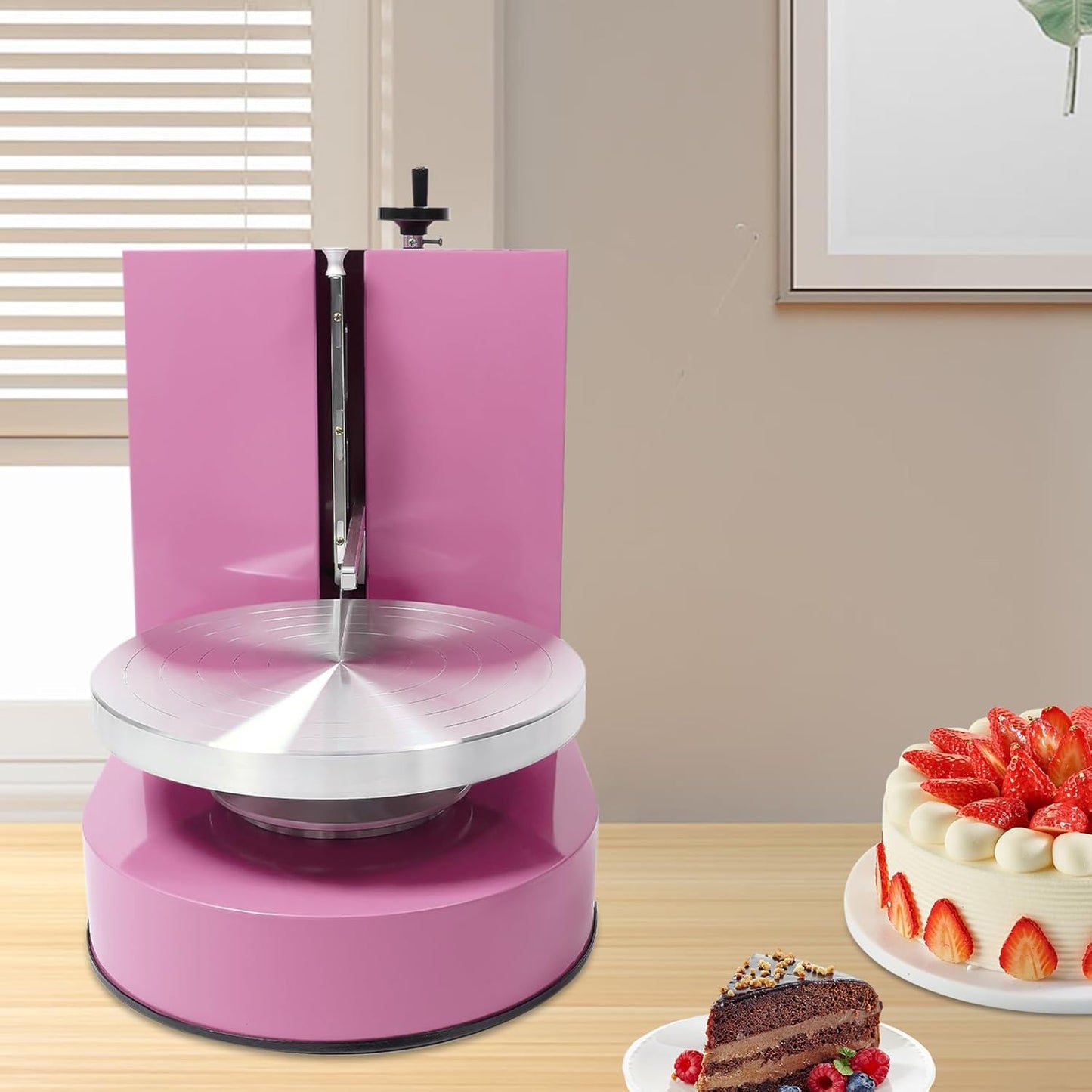 Cake Decorating Machine, 200W Electric Cake Cream Spreading Coating Machine with Adjustable Scraper, Turntable Cake Frosting Smoother, for 4-12in Cake, 60-320RPM (Pink)