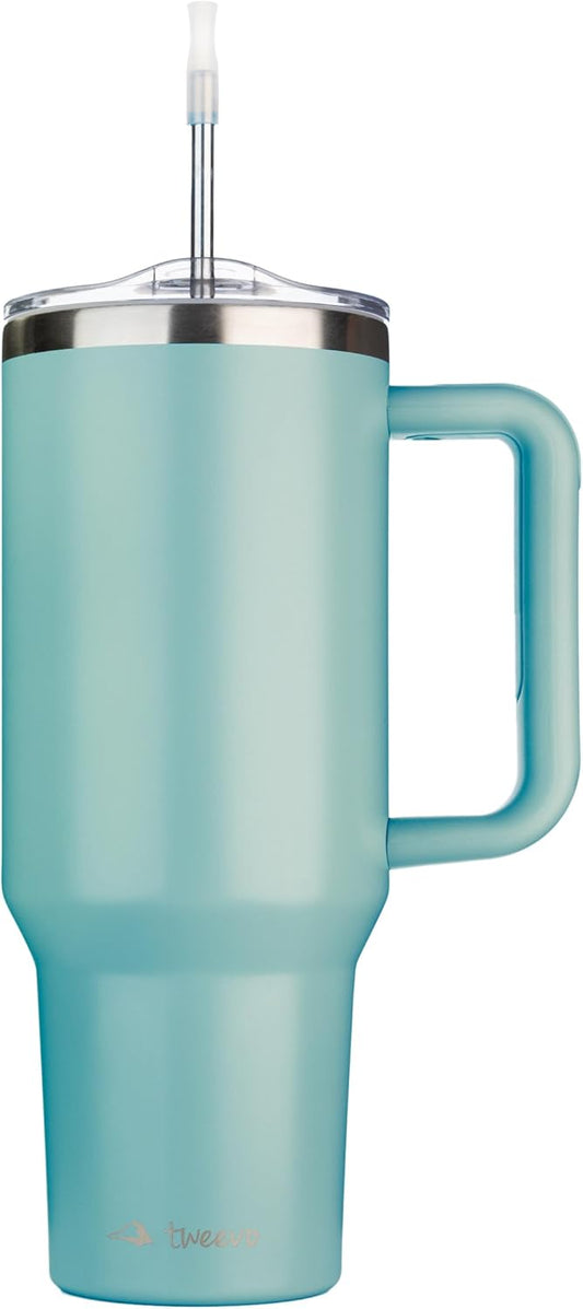 40 oz Tumbler With Handle and Straw Made of Stainless Steel - Double Wall Vacuum Insulated Tumbler With Lid - Sweat Proof Easy Grip, BPA-Free, Dishwasher Safe Tumbler (Aqua Sky)