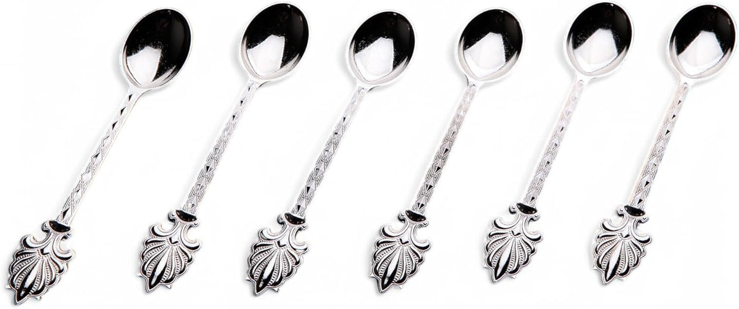 Alisveristime Turkish Tea Spoons Set – 6-Piece Zamac Ottoman-Style Decorative Spoons for Tea & Coffee (4.3”) (Silver)