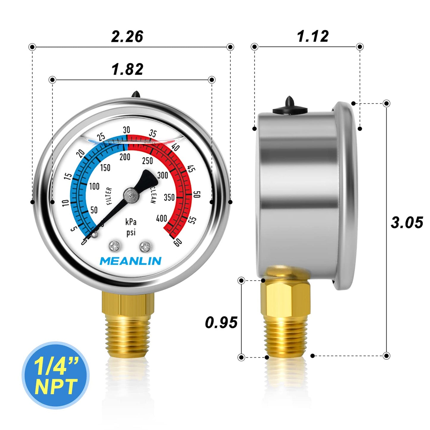 MEANLIN MEASURE 1/4" NPT 0-60psi Pressure Gauge, 2" Dial Glycerine Filled Pool Filter, 304 Stainless Steel Housing, Lower Mount, with 1/2" NPT and 3/8" NPT Hex Bushing