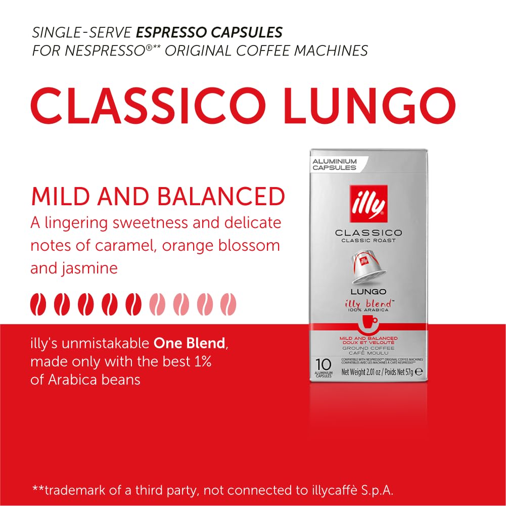 Illy Espresso Compatible Capsules - Single-Serve Coffee Capsules & Pods - Classico Lungo Roast - Notes Of Caramel, Orange Blossom & Jasmine Coffee Pods - For Nespresso Coffee Machines – 10 Count