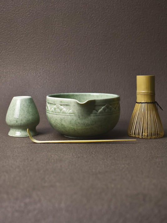 Artcome Matcha Tea Set with Pouring Spout - Green Ceramic Matcha Bowl, Bamboo Whisk, Whisk Holder, Tea Scoop & Matcha Tea Manual for Traditional Japanese Tea Ceremony - Ideal for Gift - Light Green