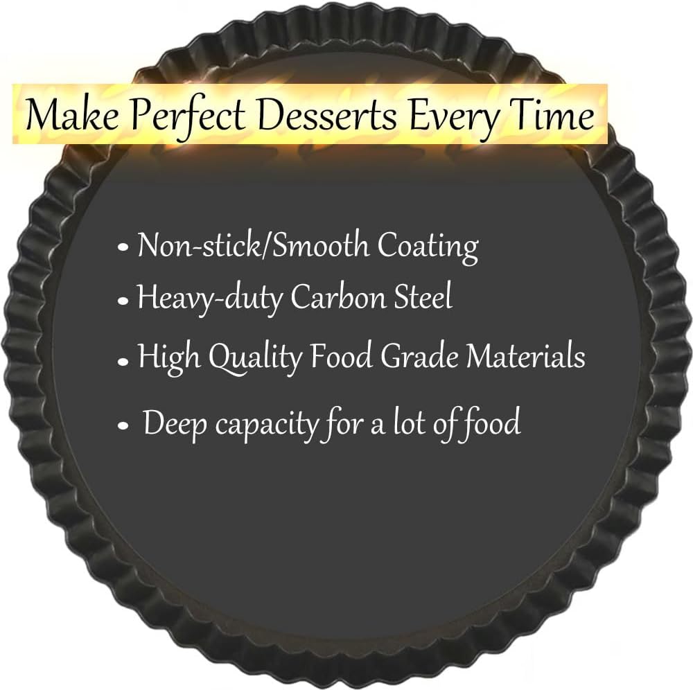 10 Inch Nonstick Tart Pan with Removable Bottom, Carbon Steel Quiche and Pie Pan- 1.1-Inch Depth, Fluted Edges for Baking Tarts, Quiches, Mousse Cakes, and Desserts